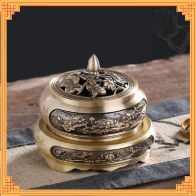 Bộ lư đồng xông trầm khắc hình hoa sen
