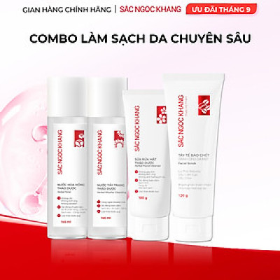 Combo làm sạch thảo dược Sắc Ngọc Khang: Nước tẩy trang 145ml - Sữa rửa mặt 100g - Nước hoa hồng 145ml - Tẩy tế bào chết da mặt 120g
