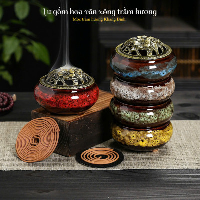 Lư gốm sứ Hoa Văn Xông đốt nụ vân mây nhang Trầm Hương kèm đế lót bông - Mộc Trầm Hương Khang Bình