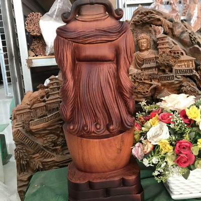 Tượng phật ông thần tài hoan hỷ bằng gỗ hương đá liền khối tô làm mầu giả cổ kt 60×22×15cm