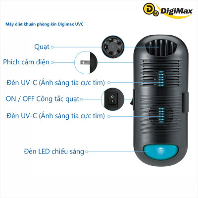 Máy diệt khuẩn phòng kín Digimax UV-C, 30-50m2, 24/7, 10.000hr, AC 220V - Hàng Chính Hãng
