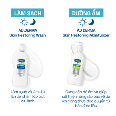 Bộ Sữa tắm dưỡng ẩm cho viêm da cơ địa Cetaphil Pro AD Derma Wash 295ml + Sữa dưỡng ẩm dịu lành cho viêm da cơ địa CETAPHIL PRO AD DERMA SKIN RESTORING MOISTURIZER 145ml