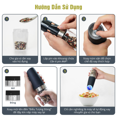 Máy Xay Tiêu Tự Động Bằng Pin Benchusch - Cảm Ứng Trọng Lực - Dùng 6 Pin AAA - Bảo Hành 6 Tháng