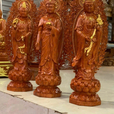 Bộ tượng phật tam thánh tây phương bằng gỗ hương đá kt cao 50×15×15cm +lá chắn hào quang cao tổng 61×21cm 