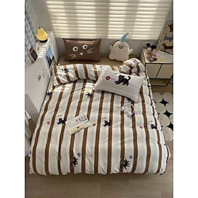 Bộ vỏ chăn ga gối cotton đũi LIDACO họa tiết kẻ sọc in hình con vật ngộ nghĩnh phù hợp với mọi cỡ nệm