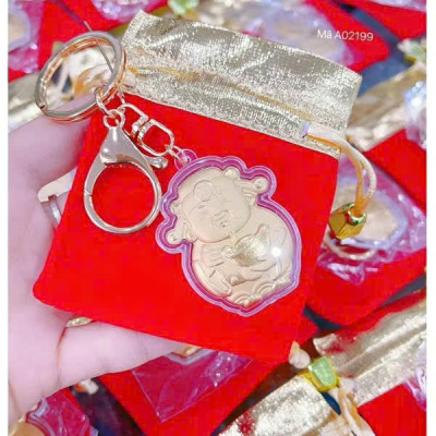 Móc Khóa Thần Tài Mạ Vàng Kèm Túi Nhung Đỏ May Mắn Tài Lộc