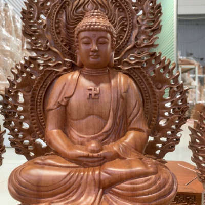 Combo bộ tượng phật tam thánh và kệ chân đế bằng gỗ hương đá + với 2 bình hoa sen 17 cành ,hoa ,lá gương  