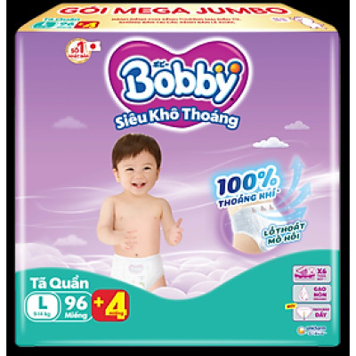 [TẶNG KÈM 4 MIẾNG] Tã quần Bobby Siêu Khô Thoáng - 100% Thoáng Khí Mega Jumbo - L96