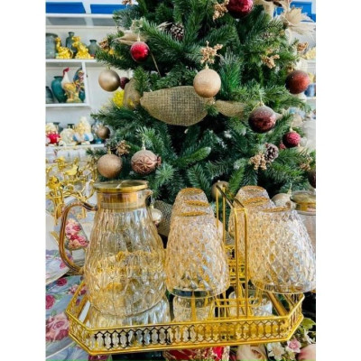 Bộ bình thủy tinh đựng nước uống mắt na 6 cốc kèm khay màu vàng sang trọng