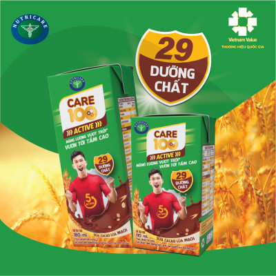 Thùng sữa nước ca cao lúa mạch Nutricare Care 100 Active giúp trẻ phát triển chiều cao (180ml)