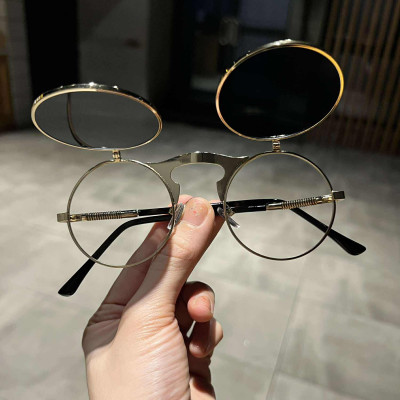 Kính râm unisex nam nữ Mắt tròn 2 lớp bật nắp gọng kim loại