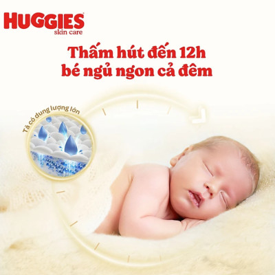 Tã/bỉm dán sơ sinh Huggies Skin Perfect S 54+4 miếng với 2 vùng thấm giảm kích ứng da