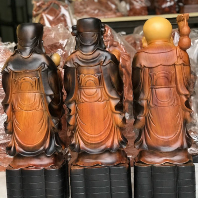 Bộ tượng phật tam đa phúc lộc thọ bằng gỗ hương đá tô làm mầu giả cổ kt cao 30×12×8cm