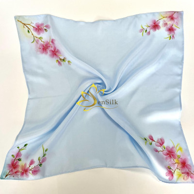 Khăn Cột Tóc Lụa Tơ Tằm Vẽ Tay Hoa Đào SenSilk 55x55cm, Phụ Kiện Lụa Cao Cấp - Quà Tặng Độc Đáo