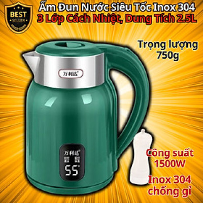 Ấm Đun Nước Siêu Tốc Inox 304 Cao Cấp – 3 Lớp Cách Nhiệt, 1500W, Dung Tích 2.5L Hàng chính hãng D Danido