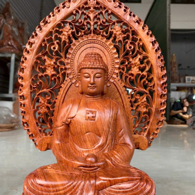 Tượng phật adi đà bằng gỗ hương đá 30x17x16cm+ lá chắn hòa quang cao tổng 41cm 