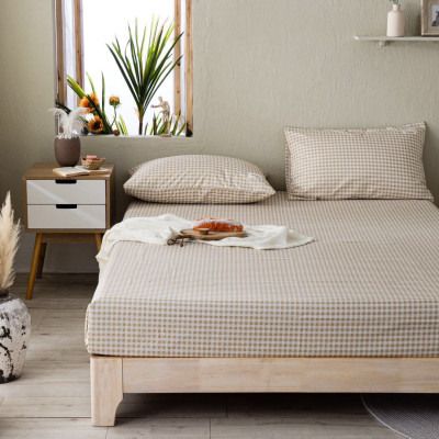Bộ Ga Gối Cotton Tici Kẻ LIDACO Cao Cấp - Caro Nâu Nhạt