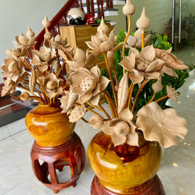 2 bình hoa sen gỗ hương đỏ ,trang trí phòng thờ ,phòng khách tuyệt đẹp, 25 cành ,hoa lá gương bằng gỗ ngọc am thơm phức 