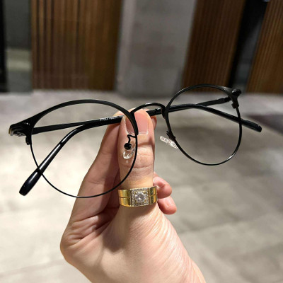 Kính unisex nam nữ Mắt tròn chất liệu kim loại đen cao cấp