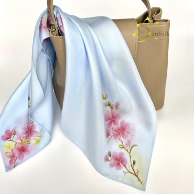 Khăn Cột Tóc Lụa Tơ Tằm Vẽ Tay Hoa Đào SenSilk 55x55cm, Phụ Kiện Lụa Cao Cấp - Quà Tặng Độc Đáo