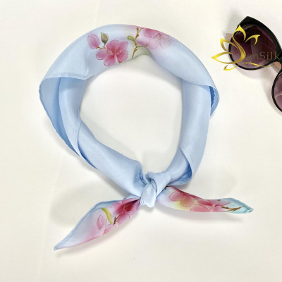 Khăn Cột Tóc Lụa Tơ Tằm Vẽ Tay Hoa Đào SenSilk 55x55cm, Phụ Kiện Lụa Cao Cấp - Quà Tặng Độc Đáo