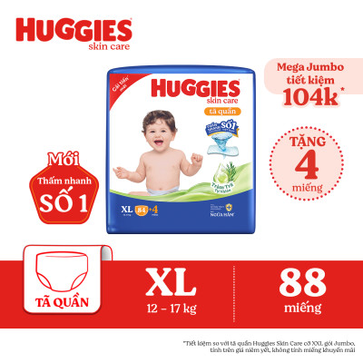 Tã/bỉm quần Huggies Skin Care Mega Jumbo XL84+4 miếng với tràm trà dịu da