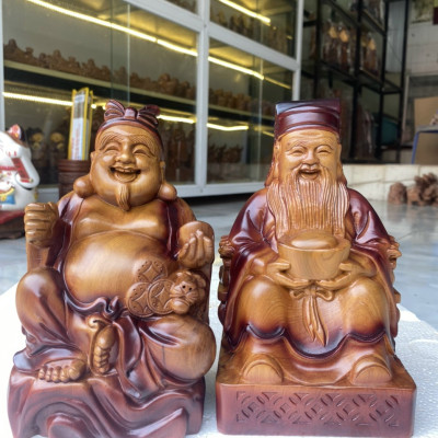 Cặp tượng ông thần tài thổ địa bằng gỗ bách xanh tô làm mầu giả cổ kt cao 20×12×8cm