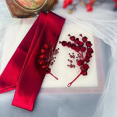 Cài tóc cô dâu hoa linh lan kèm dây cột nơ đỏ mới t3/2023