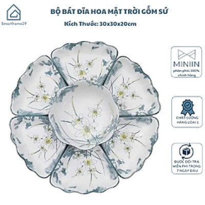 Bộ Bát Đĩa Gốm Sứ Cao Cấp, Hoa Mặt Trời Thắp Hương, Cúng Gia Tiên Hoa Thủy Tiên - HÀNG CHÍNH HÃNG MINIIN
