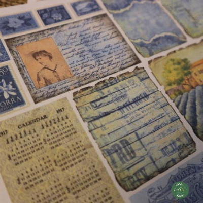 Sticker tự cắt Blue ephemera mix - sticker vintage dán, trang trí sổ nhật kí, sổ tay | Bullet journal - kc005
