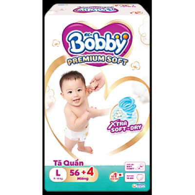 Tã bỉm Quần Bobby Premium Soft mẫu mới đủ size M60+4/ L56+4/ XL52+4/ XXL48+4 miếng