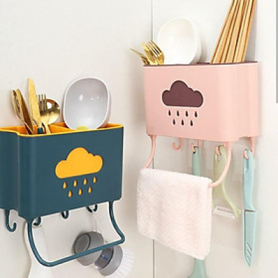 Kệ để bàn chải kem đánh răng, Kệ Để Đồ Đa Năng Dán Tường Hình Đám Mây, Kệ phòng tắm, nhà bếp kích thước 19x12x9cm, ống để đũa muỗng 2 lớp tiện dụng