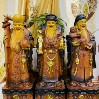 Bộ tượng phật tam đa phúc lộc thọ bằng gỗ hương đá tô làm mầu giả cổ kt 80×23×18cm