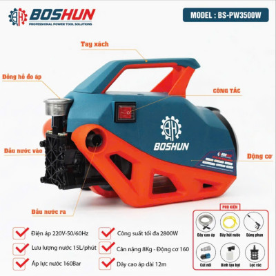 Máy rửa xe Boshun Áp lực cao 160 Bar - Công Suất lớn 2800W - BS-PW2800W - Có Áp Chống Giật, Chống Cháy- Bảo Hành Chính Hãg 6 tháng