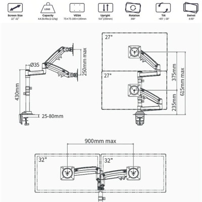 Giá treo 2 màn hình máy tính NB-H180 (Hàng Nhập Khẩu)
