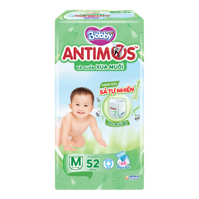 [MỚI] Tã Quần Xua Muỗi Bobby Antimos – Hàng rào Sả tự nhiên Bye Muỗi 8H - Size M 52 miếng