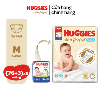 Combo 3 Tã/bỉm dán Huggies Skincare Super Jumbo M76+3/L68/XL60/XXL54