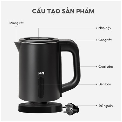 Ấm Siêu Tốc Mini Lebenlang LBL2318, 800ml, Inox, Công Suất 1000W, Tự Ngắt, Đèn Báo, Nhỏ Gọn - Hàng chính hãng