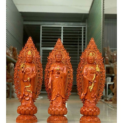 Bộ tượng phật tam thánh tây phương bằng gỗ hương đá kt cao 50×15×15cm +lá chắn hào quang cao tổng 61×21cm 