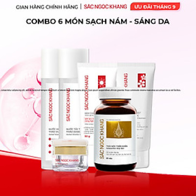 [Combo 6 món] bộ dưỡng da cơ bản: Nước tẩy trang 145ml + Sữa rửa mặt 50g + Nước hoa hồng 145ml + Kem chống nắng 50g và kem dưỡng da ban đêm 10g + Vi tảo lục 60 viên [Sắc Ngọc Khang Official]