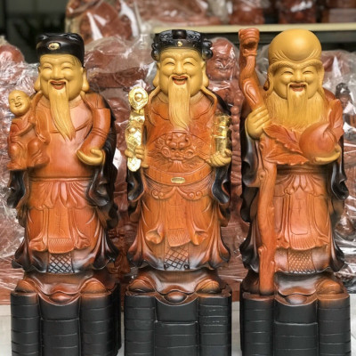Bộ tượng phật tam đa phúc lộc thọ bằng gỗ hương đá tô làm mầu giả cổ kt 50×17×15cm