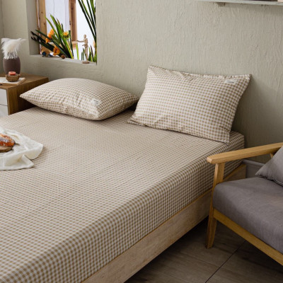 Bộ Ga Gối Cotton Tici Kẻ LIDACO Cao Cấp - Caro Nâu Nhạt