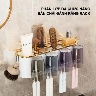 Bộ Nhả Kem Đánh Răng Tự Động – Kệ Bàn Chải Dán Tường, 4 Cốc Tiện Lợi Cho Gia Đình