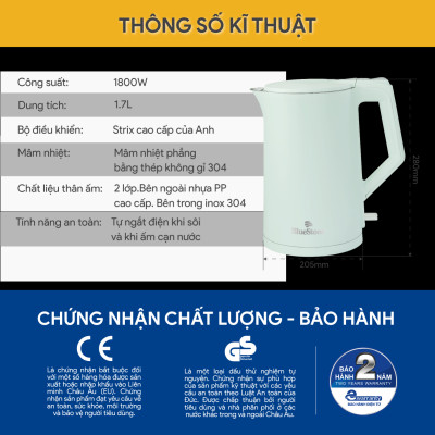 Ấm Đun Siêu Tốc BlueStone KTB-3456 1.5 Lít 1800W - Hàng Chính Hãng