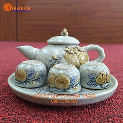 Bộ ấm chén thờ men rạn gốm Bát Tràng