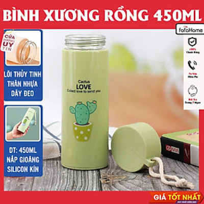 Bình Đựng Nước Lõi Thủy Tinh Họa Tiết Xương Rồng Dễ Thương Dung Tích 450ml - Bình Giữ Nhiệt In Hình Xương Rồng 450ml Lõi Thủy Tinh Bọc Và Nhựa Lúa Mạch Có Dây Sách Tiện Dụng - Giao Màu Ngẫu Nhiên