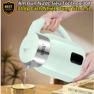 Ấm Đun Nước Siêu Tốc Inox 304 Cao Cấp – 3 Lớp Cách Nhiệt, 1500W, Dung Tích 2.5L Hàng chính hãng D Danido