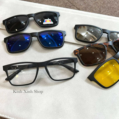 Kính Mắt Thời Trang Cận Râm, Gọng Kính Cận Bộ 5 Tròng Râm 6in1 Mắt Vuông Unisex Cho Nam Nữ