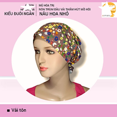 Nón hóa trị vải mềm mát, hút mồ hôi, bệnh nhân ung thư, chemo hat, nón trùm đầu [KIỂU ĐUÔI NGẮN-NÂU HOA NHỎ] 