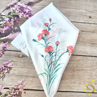 Khăn Lụa Vuông SenSilk Vẽ Tay Hoa Cẩm Chướng 75*75cm, Khăn Lụa Cao Cấp 